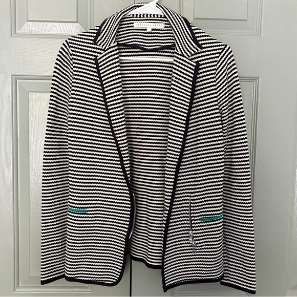 Veronica Beard Black, White and Green Horizontal Striped Chevron Blazer - Picture 1 of 6